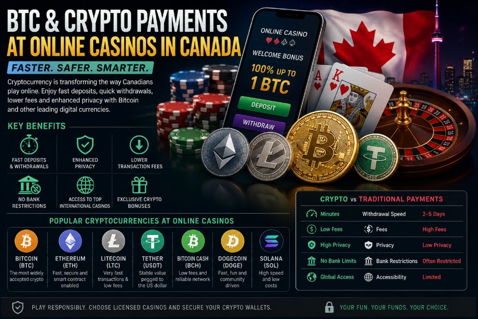 Infographic about BTC and crypto payments at online casinos in Canada featuring Bitcoin, Ethereum, Litecoin, and Tether with casino chips, roulette wheel, Canadian flag, crypto bonuses, fast withdrawals, low fees, and secure online gambling benefits.