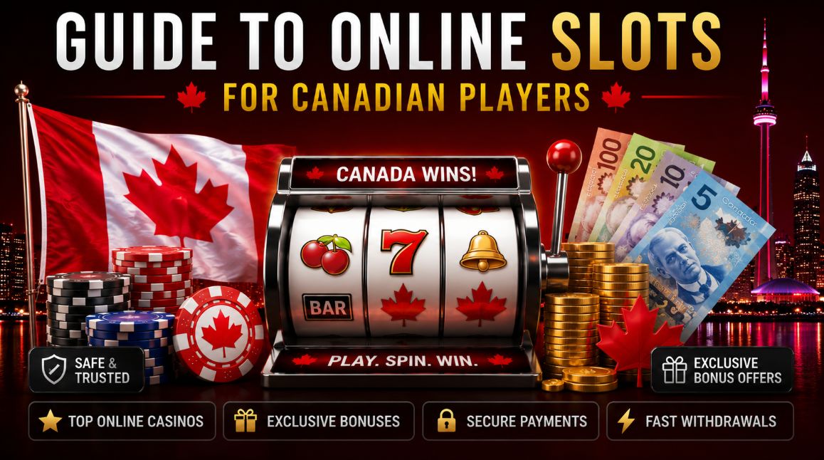 Guide to online slots for Canadian players featuring Canadian flag, slot machine, casino chips, Canadian dollar banknotes, exclusive casino bonuses, secure payments, and fast withdrawals for online casino gaming in Canada.