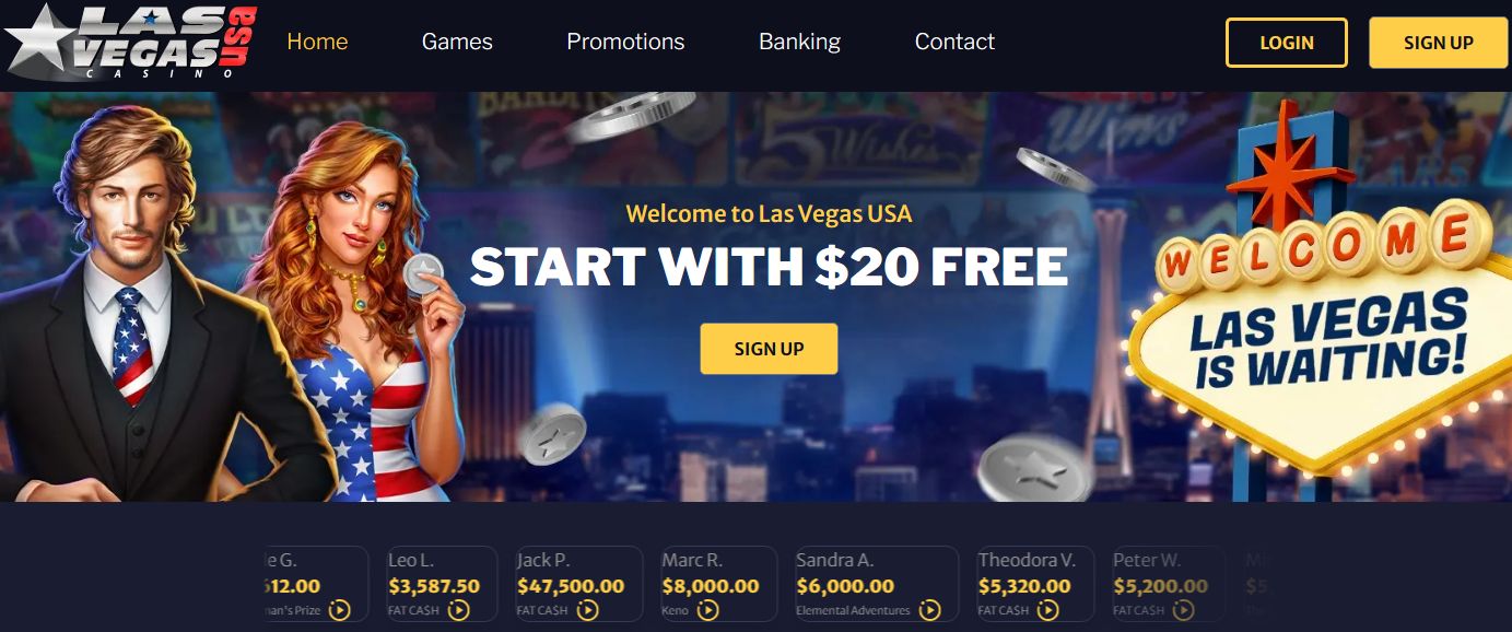 Las Vegas USA Casino welcome bonus banner showing start with $20 free sign up offer and Las Vegas is waiting sign for Canadian players