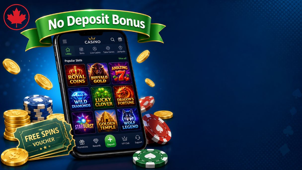 Mobile casino lobby showing no deposit bonus banner with coins chips free spin vouchers and a Canadian maple leaf icon