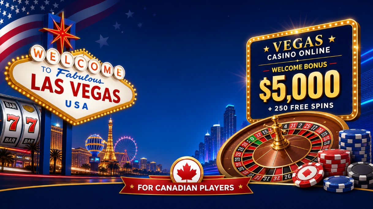 Las Vegas USA Casino and Vegas Casino Online comparison banner with roulette wheel slot reels and For Canadian Players maple leaf badge