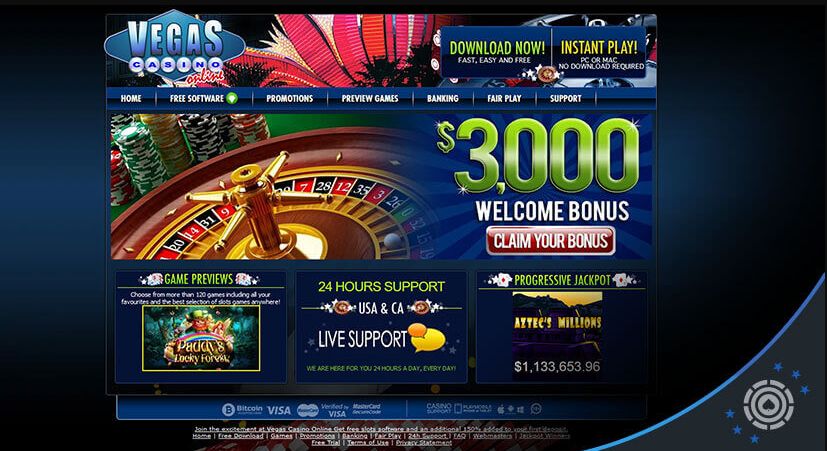 Vegas Casino Online homepage with $3000 welcome bonus banner roulette wheel progressive jackpot and 24 hour live support for USA and Canadian players