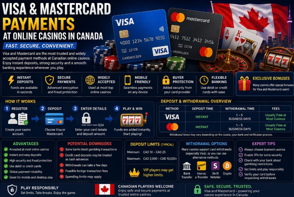 Infographic about Visa and Mastercard payments at online casinos in Canada featuring secure casino deposits, instant card transactions, withdrawal options, online gambling banking methods, casino bonuses, and Canadian online casino payment guide.