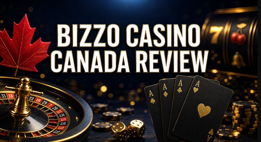 Bizzo Casino Canada review banner with slots, roulette, playing cards, dice and a Canadian maple leaf.