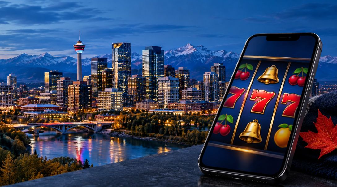 Smartphone displaying online slot reels beside Calgary’s skyline and the Rocky Mountains, illustrating an Alberta online casino guide.