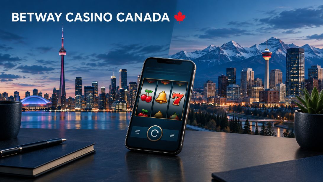 Betway Casino Canada article graphic with smartphone slot reels, Toronto’s CN Tower and Calgary’s skyline with the Rocky Mountains.