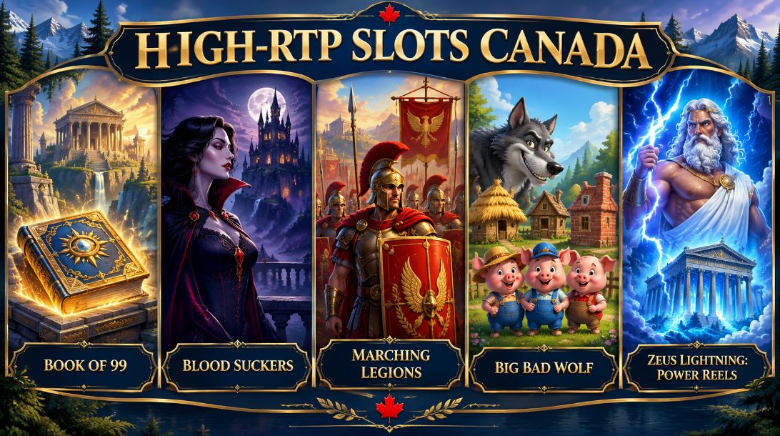 High-RTP slots Canada montage featuring Book of 99, Blood Suckers, Marching Legions, Big Bad Wolf and Zeus Lightning Power Reels.