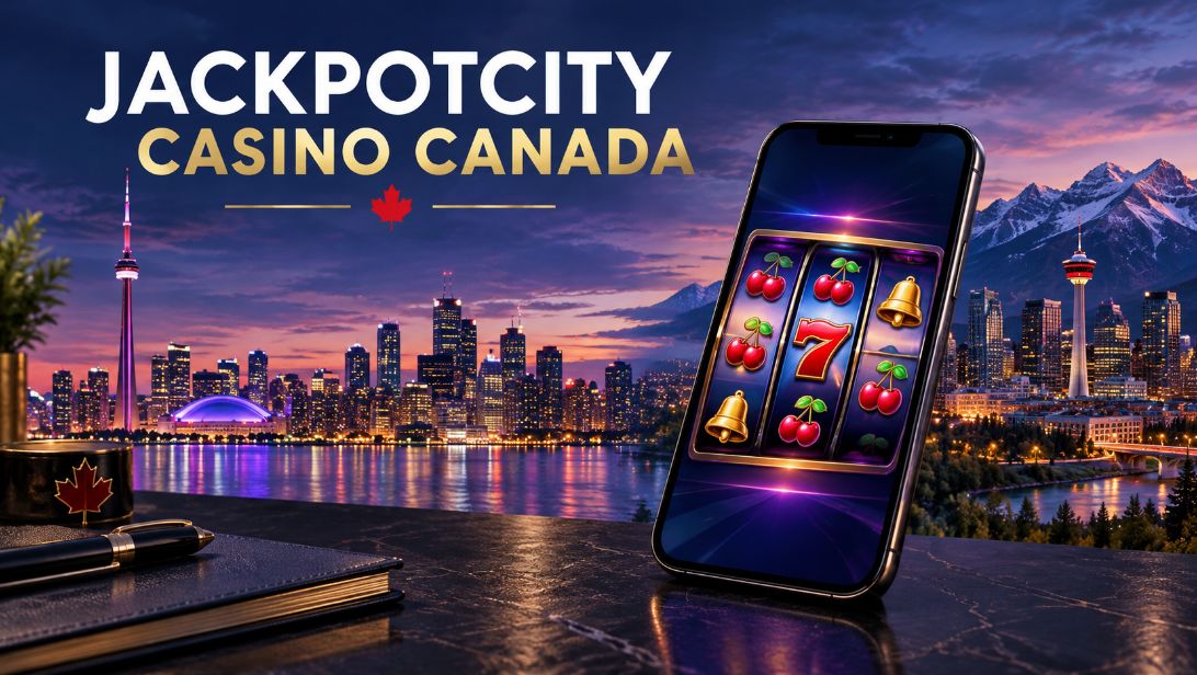 JackpotCity Casino Canada article graphic featuring smartphone slot reels, Toronto’s CN Tower and Calgary’s skyline with the Rocky Mountains.