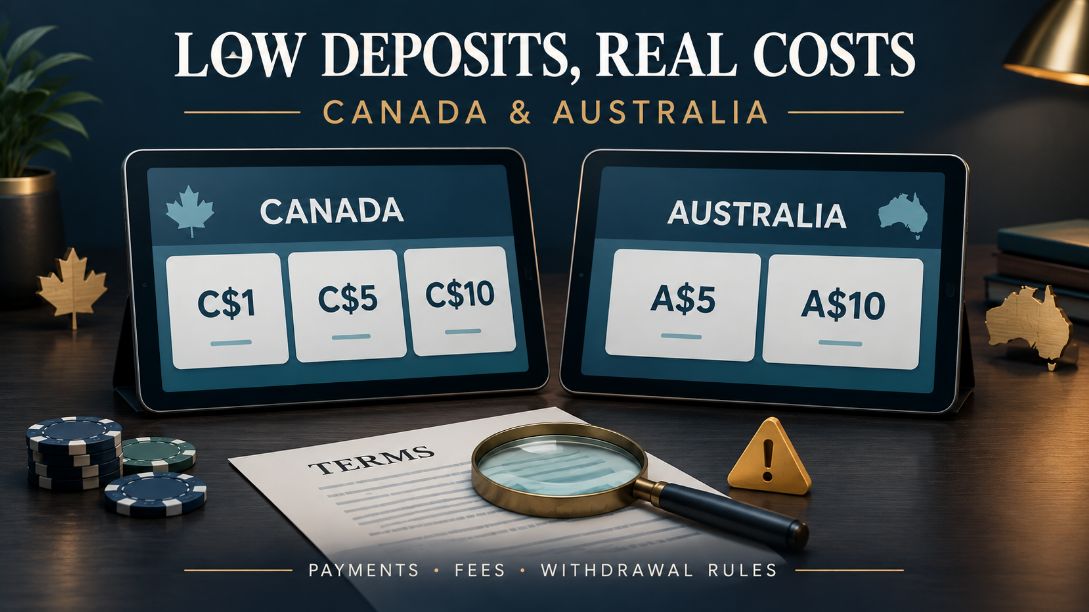 Two tablets comparing Canadian and Australian casino deposit tiers beside a terms document and caution symbol, highlighting fees and withdrawal rules.