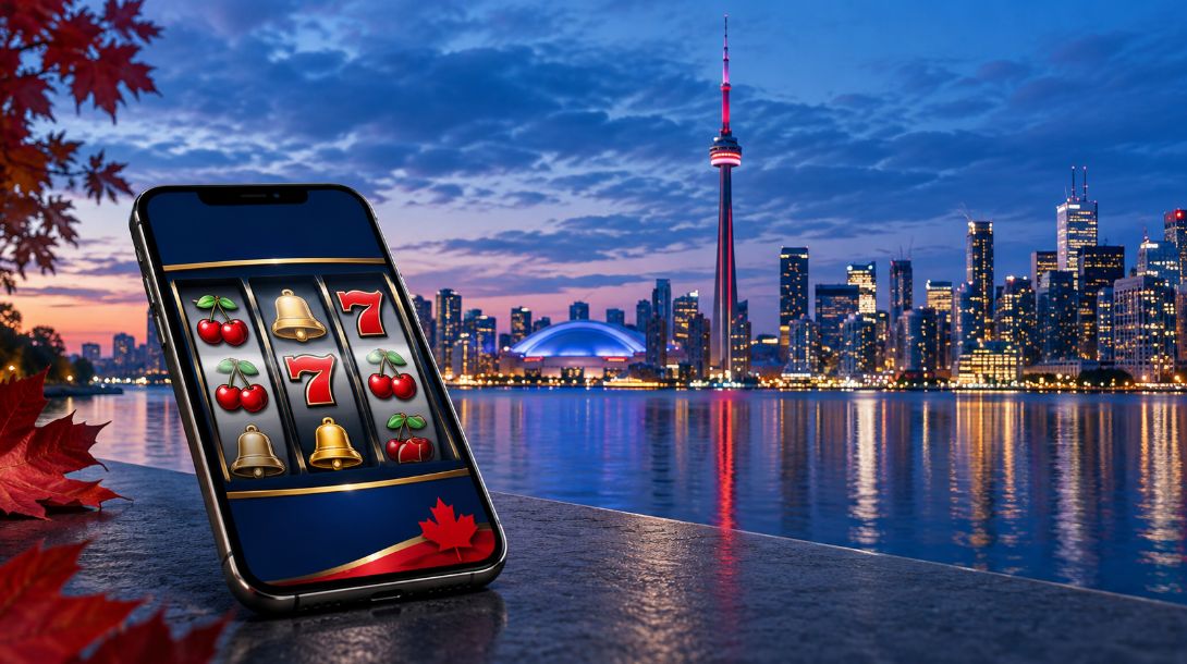 Smartphone displaying slot reels beside Toronto’s waterfront skyline and CN Tower, with a red maple-leaf accent.