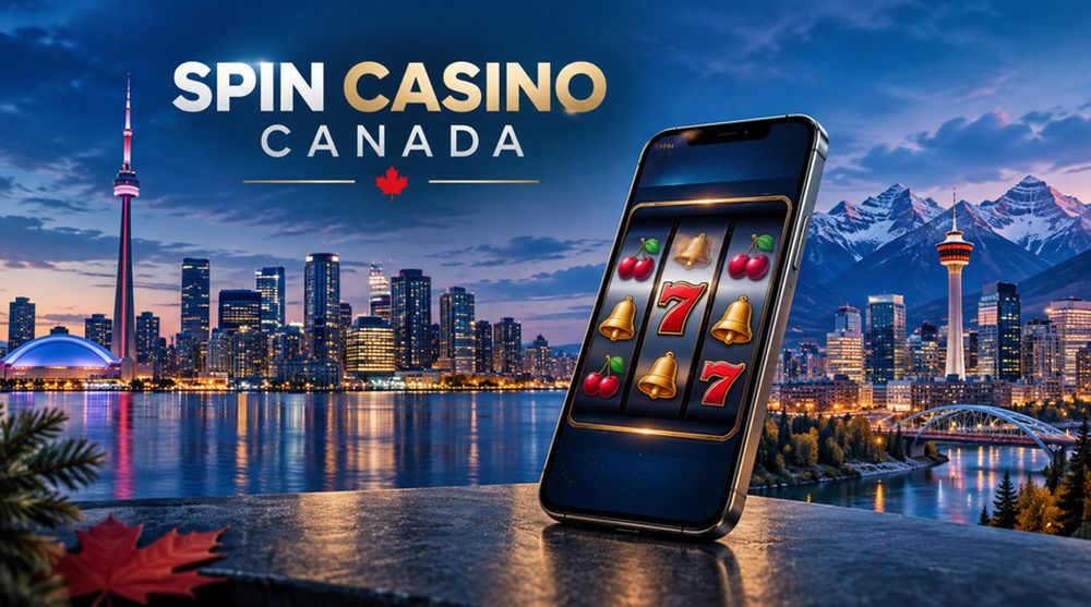 Spin Casino Canada article graphic featuring smartphone slot reels, Toronto’s CN Tower and Calgary’s skyline with the Rocky Mountains.